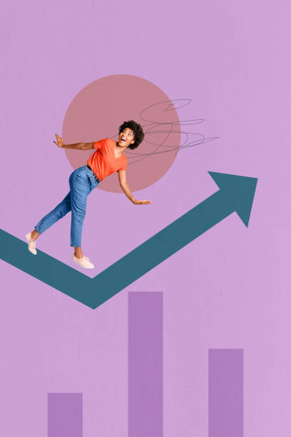 istock Vertical poster collage young woman go step arrow direction dynamic stock progress improvement development charts drawing background 2190914830