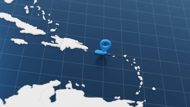 Blue Puerto Rico 3d map with pointer pin surrounded with other countries in white. Europe political map with borders. 3d render illustration.
