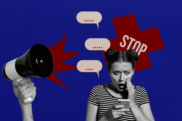 istock Composite trend artwork sketch image photo collage of poster stop harassment abuse cyberbullying loudspeaker young lady read mobile news 2190918051