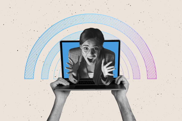istock Creative collage young stressed woman laptop digital device screen virtual remote job panic scream shout signal broadcasting 2190918283