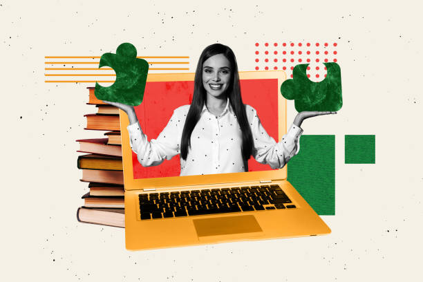 Sketch trend artwork 3D photo collage of young lady appear laptop display virtual remote book library read student study hand hold puzzle