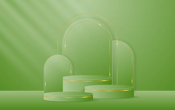 istock Green podium with green curved border and gold lines on the back for product presentation 2190936375
