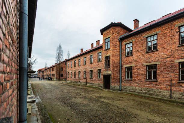 Auschwitz, Poland - December 3, 2018: This photo highlights the uniform architecture of Auschwitz I's brick barracks, a grim reflection of the camp's systematic design. These buildings housed prisoners under brutal conditions. Today, they stand as enduring reminders of the Holocaust, urging visitors to confront and learn from this harrowing chapter in human history.
