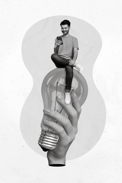 istock Creative retro 3d magazine collage image of arm holding lamp guy sitting typing modern gadget isolated painting background 2190938059