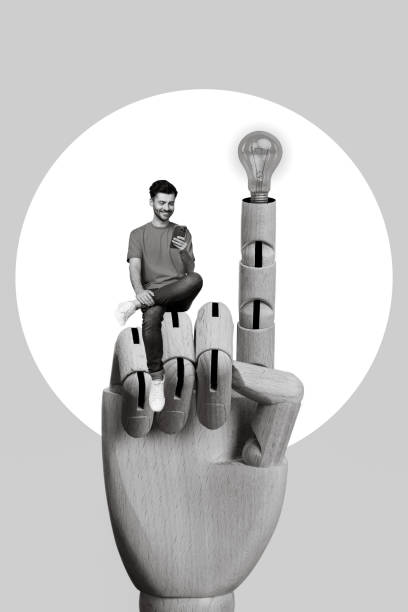 istock Photo sketch collage graphics artwork picture of smart guy chatting modern device sitting fake arm pointing finger isolated drawing background 2190938062