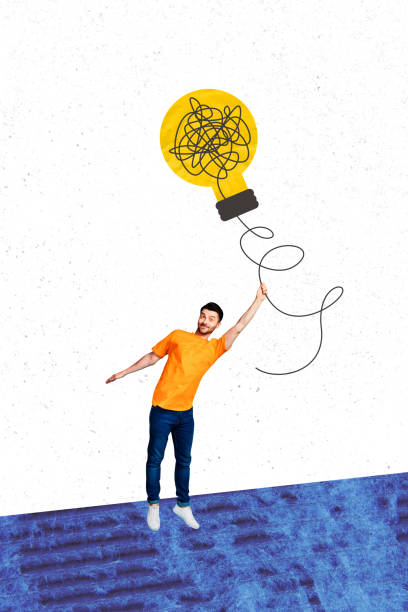 istock Composite trend artwork 3D sketch image photo collage of idea light bulb lamp creative brainstorming young guy small stand hand hold rope 2190938194