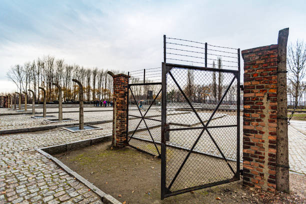 Auschwitz, Poland - December 3, 2018: This image highlights a metal gate surrounded by brick pillars, leading to the crematorium area at Auschwitz-Birkenau. The barbed wire atop the gate emphasizes the site's confinement and grim purpose. The stark structure serves as a poignant reminder of the systematic atrocities committed within these grounds.