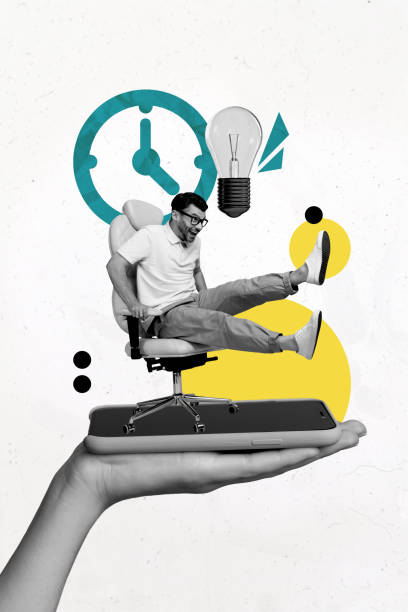 istock Composite trend artwork sketch image 3D photo collage of young guy office manager sit armchair clock time deadline idea lamp smartphone 2190938253