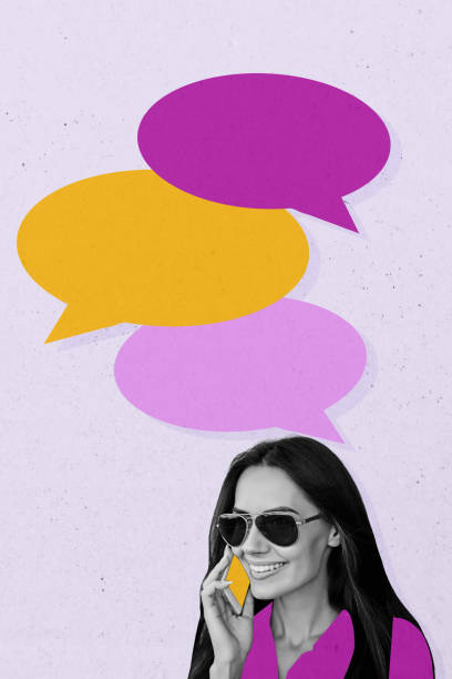 istock Vertical collage poster young woman smartphone speech communication textbox message phrase cite listen call drawing background 2190938375