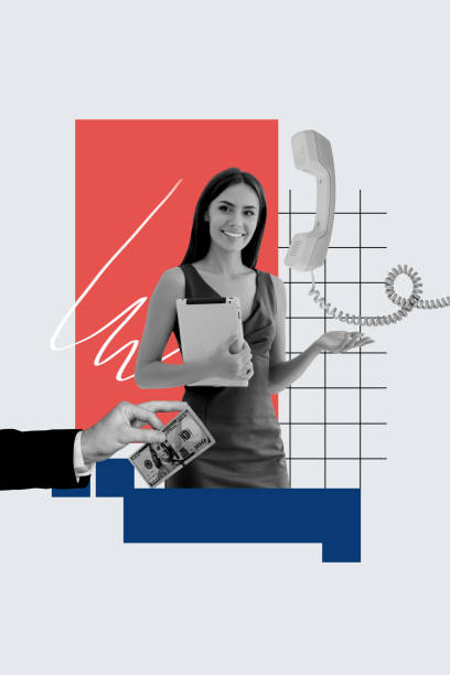 istock Composite trend artwork sketch image photo collage of young lady stand hold tablet rich success earn money dollar landline phone service 2190938457
