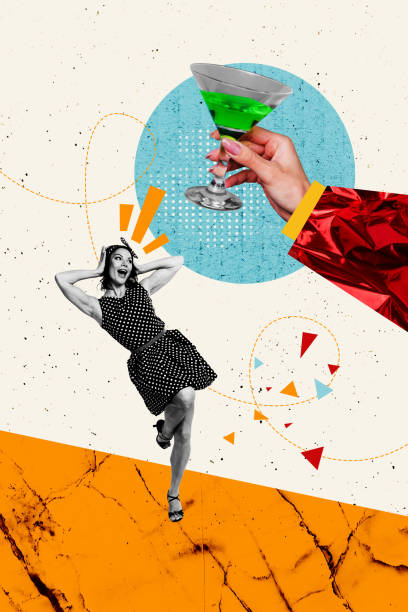 istock Creative trend artwork design collage sketch of holiday beverage relax chill friday hand hold cocktail pinup young lady dance excited face 2190938541