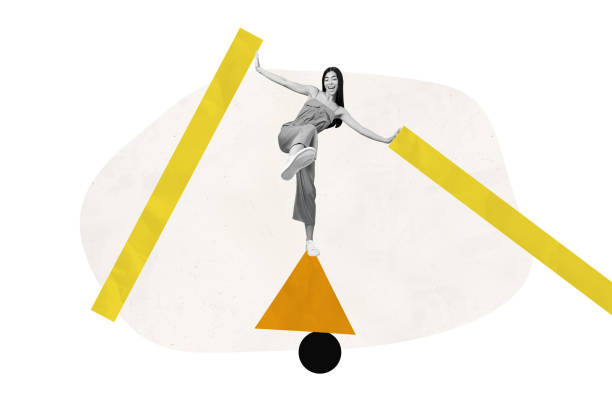 Composite trend artwork sketch image collage of element escape geometry hurdle small young lady stand triangle balance hand hold platform.