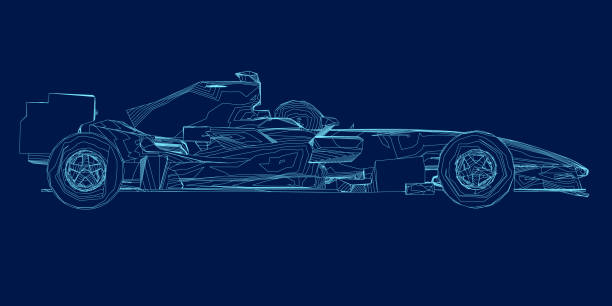 istock Contour of a race car. Vector blueprint isolated on a blue background. Side view. 3D 2190938703