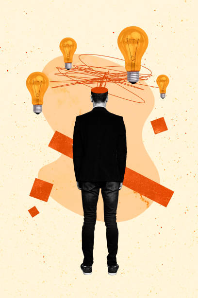 istock Vertical photo collage of anonym businessman stand back cut head light bulb work strategy idea planning isolated on painted background 2190939391