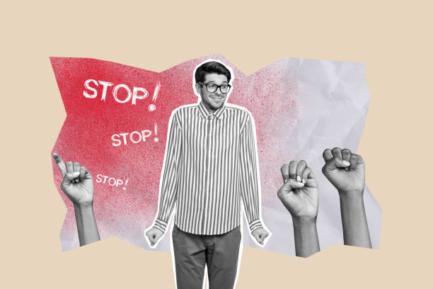istock Composite trend artwork sketch image photo collage of stop banner harassment hate hand gesture fist bully young guy student stand confused 2190939540