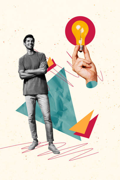 Composite trend artwork sketch image photo collage of young guy student stand hand hold puzzle match piece idea light bulb electricity