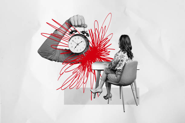 istock Composite creative art collage of businesswoman sit office workplace scribble alarm clock pressure deadline isolated on painted background 2190939739