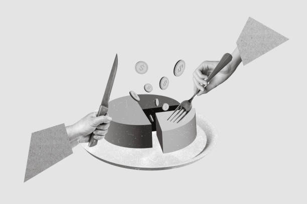 istock Creative collage image of two black white gamma hands hold knife fork cut eat money coin diagram cake plate isolated on drawing background 2190940556