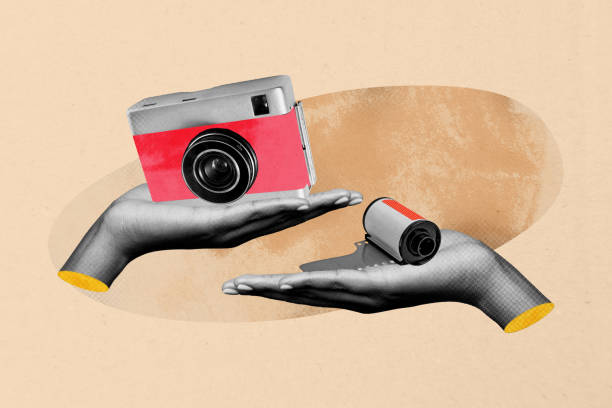 istock Composite image montage trend artwork 3D collage of two human hands hold camera author focus lens shooting cadre moment photo film 2190941169