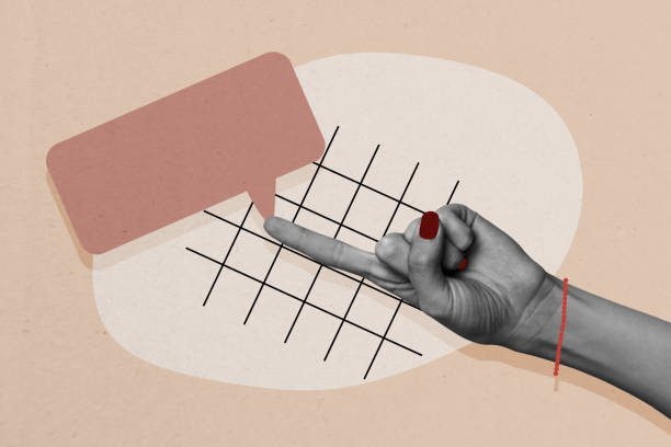 istock Creative collage hand arm body fragment finger nonverbal gesture pointing textbox message checkered background notification sms 2190941178