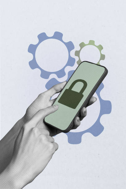 istock Vertical photo collage of hands hold phone screen lock password coded private info gearwheel settings close isolated on painted background 2190941195