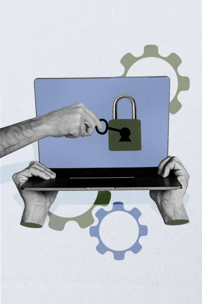 istock Vertical photo collage of hands hold laptop device keyhole open key lock hacking confidential information isolated on painted background 2190941224
