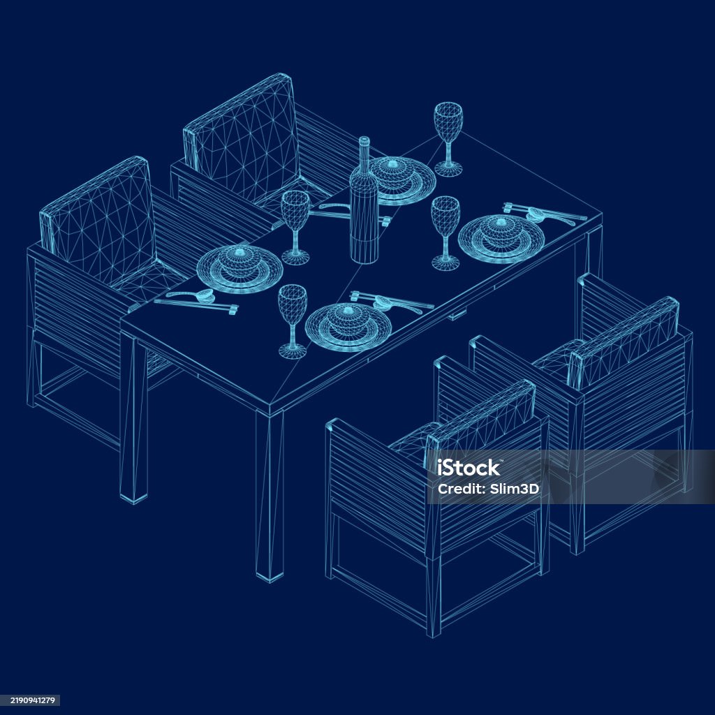 Wireframe Table Rendering Wireframe Formal Table Setting Isometric View Vector Illustration Stock ...