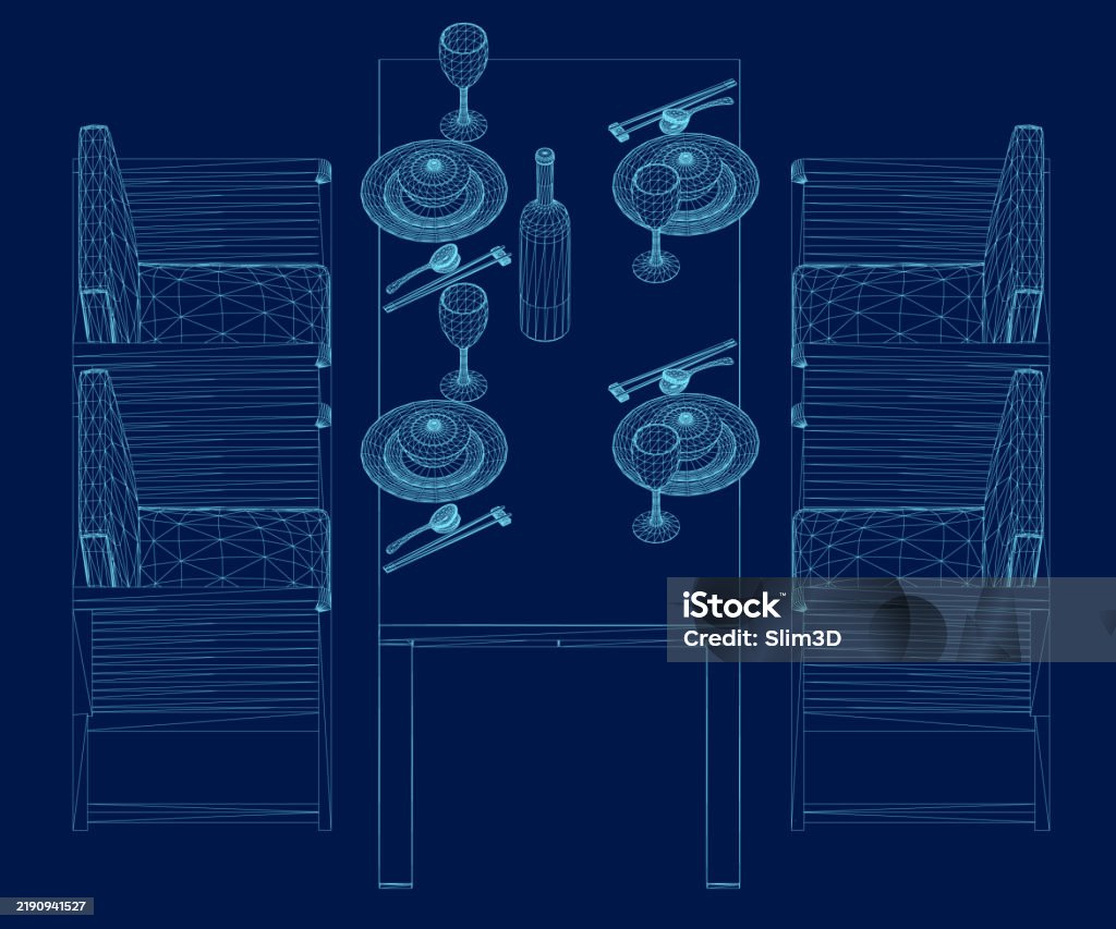 Wireframe Table Rendering Wireframe Formal Table Setting Side View Vector Illustration Stock ...