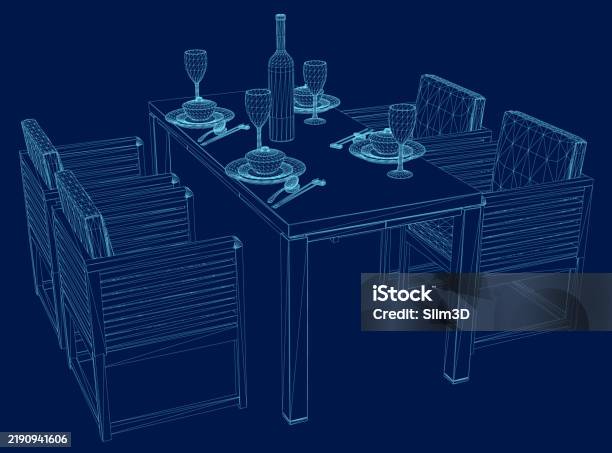 Wireframe Formal Table Setting Side View Vector Illustration Stock ...