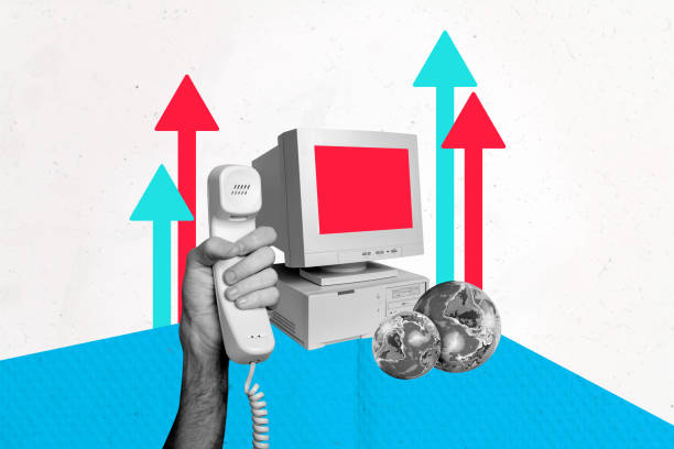 istock Composite sketch image design trend artwork collage of obsolete computer monitor global connection arrow up hand hold landline phone call 2190943545