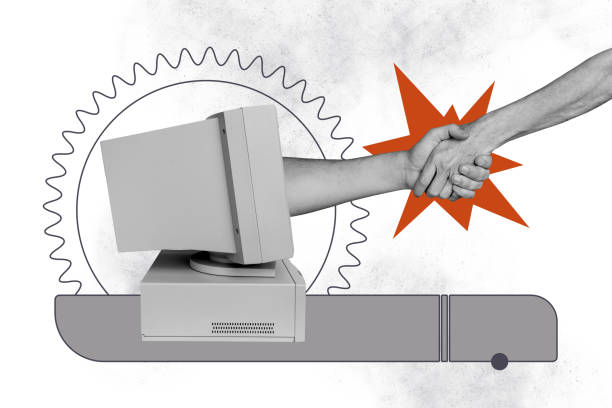 istock Composite trend artwork sketch image collage of obsolete computer monitor remote distance hands hold together unity collaboration cogwheel 2190943595