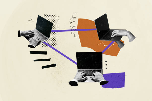 istock Composite creative art collage of hands type business people connection line freelancer remote device isolated on painted background 2190943814
