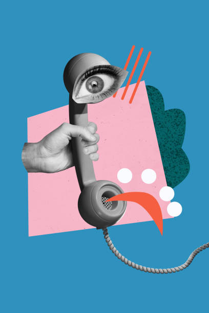 istock Vertical collage telephone call landline listen speech psychedelic concept eye vision spy stare watch look wrist hand body fragment 2190943830
