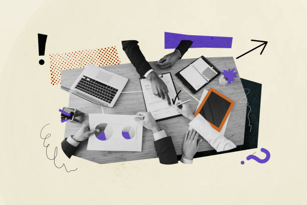 istock Composite creative art collage of hands point project documentation signature laptop ebook supplies diagram isolated on painted background 2190943842