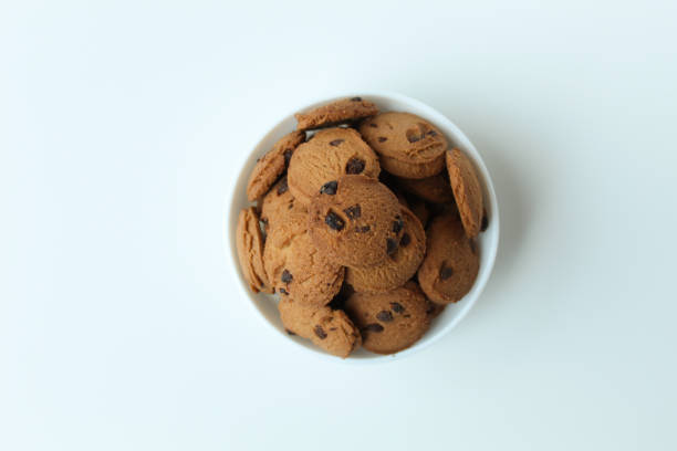 Macrophotography of chocolate chips cookies.