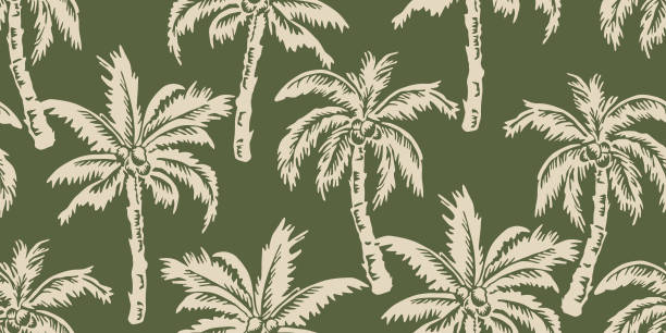 Tropical pattern with freehand drawn coconut palm trees. Hawaii summer background for fabric, textiles, clothing, poster, cover, decoration, banner, wallpaper, interior decor. Vector illustration.