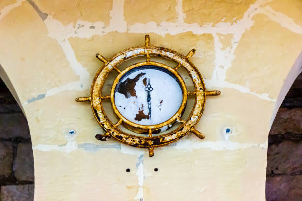 A close-up photo of a vintage ship wheel clock mounted on a textured beige wall, featuring rustic and weathered details, evoking maritime charm and nautical nostalgia for decorative or thematic design enthusiasts.