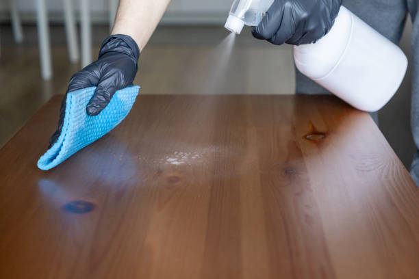 istock cleaning wooden surface with spray bottle and cloth, hands in black gloves sanitizing table during hygiene routine at home 2190956591