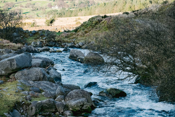 istock A serene river flows rapidly over large stones, bordered by lush greenery. The peaceful setting showcases rolling hills under a clear sky, inviting relaxation and exploration. 2190959322