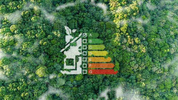 istock Home Improvement concept, Home Energy Efficiency, Eco-Friendly Home Improvement, Cost Savings and Green Energy Costs. High angle view of green forest with energy efficiency symbol. 2190966101