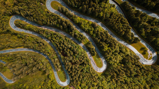 istock Aerial Drone View of Winding Road Through Dense Pine Forest 2190967248