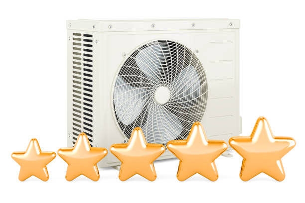 Air conditioner, outdoor compressor unit with five golden stars. 3D rendering isolated on white background