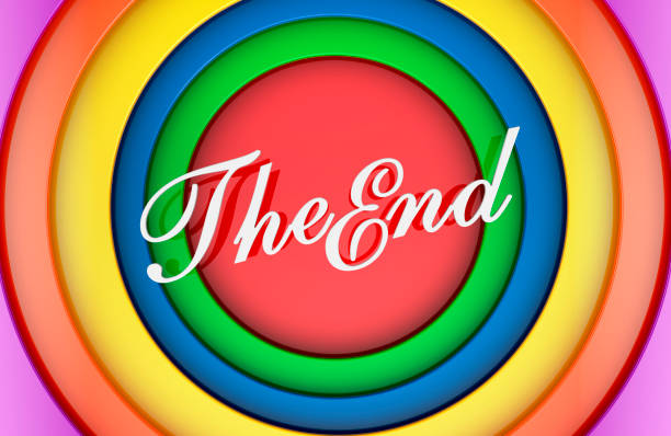 The End title on colored rounds background. Retro style movie ending screen. 3D rendering