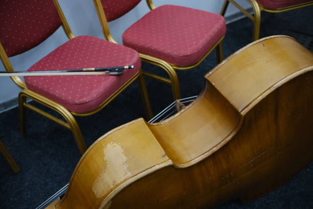 Two red chairs, double bass and bow. Gray carpet. Top view.