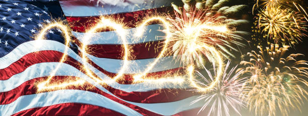 istock fireworks in Usa with Us flag 2190973752