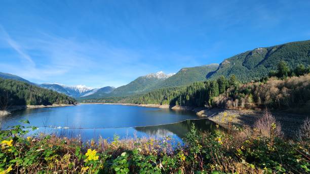 istock Snow-capped Peak with blue sky background and calm reservoir at the front 2190978277