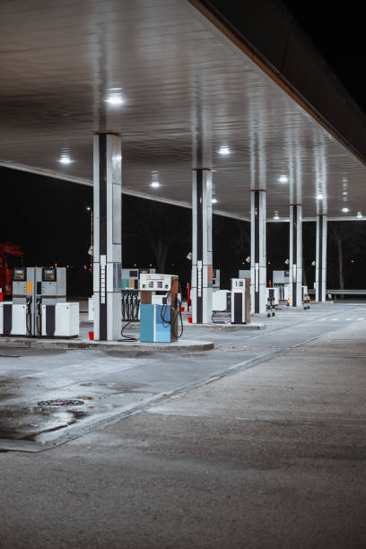 istock Night gas station with fuel pumps 2190983324