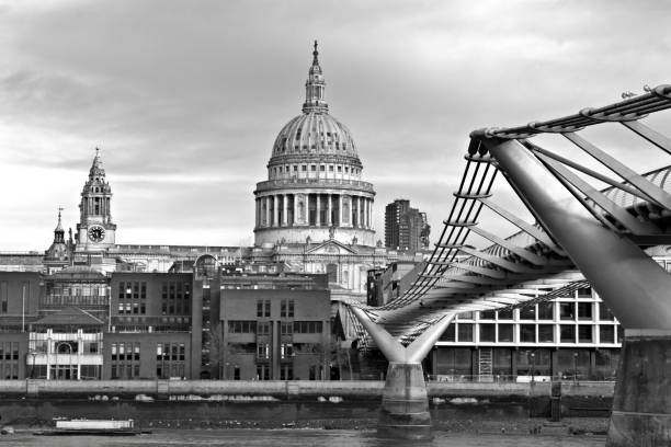England, London,  Millennium  pedestrian bridge , St Paul's Cathedral evening