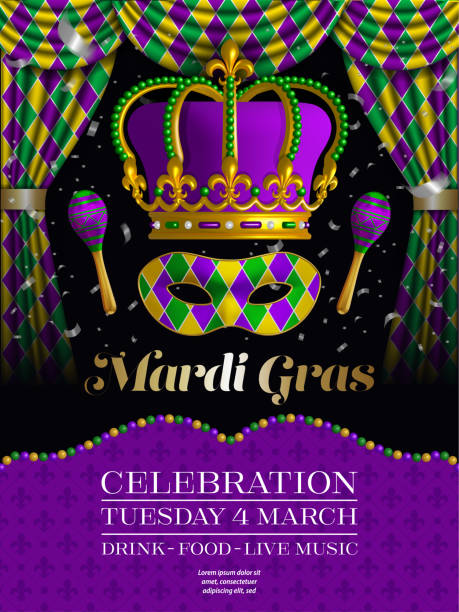 mardi gras party poster with crown and mask. carnival celebration flyer mardi gras party poster with crown and mask. carnival celebration flyer vector mardi gras flyer stock illustrations