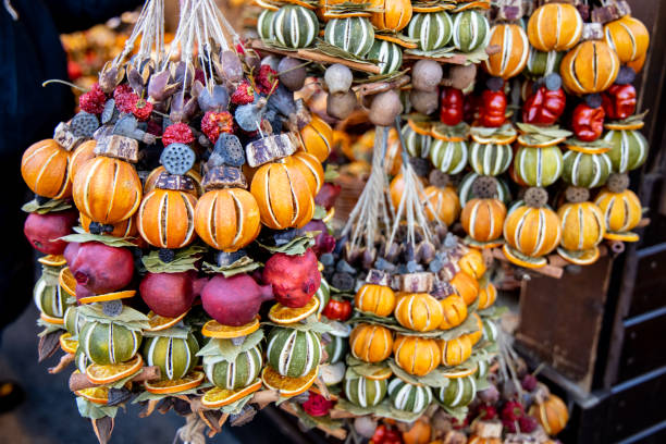 Christmas decorations colorful balls and toys. Christmas market fair in Europe